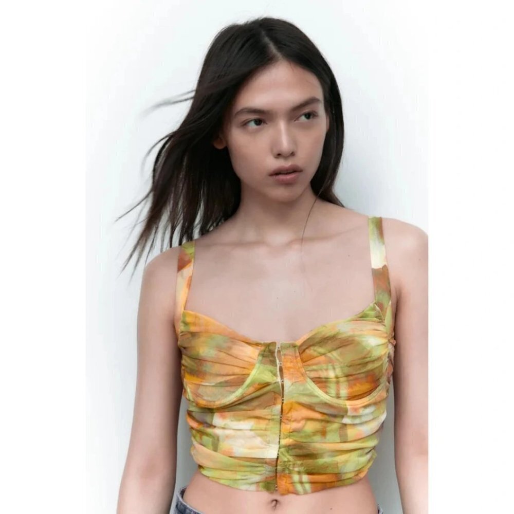 NWOT Zara multicoloured abstract printed tulle corset-inspired crop top, S